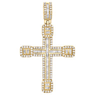 14K Yellow Gold Round & Baguette Daimond Cross Pendant 2.30" Men's Charm 2 CT.