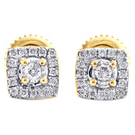 10K Yellow Gold Round Diamond Square Halo Frame Stud 6mm 4 Prong Earrings 1/5 CT