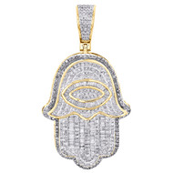 14K Yellow Gold Real Baguette Diamond Evil Eye Hamsa Pendant 1.85" Charm 1.50 CT