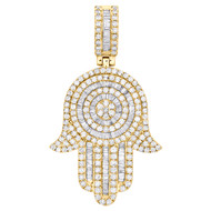 14K Yellow Gold Round & Baguette Diamond Hamsa Hand Pendant 1.95" Charm 3 CT.