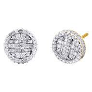 10K Yellow Gold Round & Baguette Diamond 3D Circle Stud 10mm Earrings 3/4 CT.