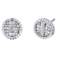 10K White Gold Real Round & Baguette Diamond 3D Circle Stud 10mm Earrings 3/4 CT