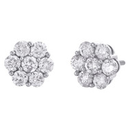 10K White Gold Round Diamond Flower Cluster Stud 7.50mm Statement Earrings 1 CT.