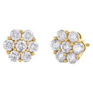 14K Yellow Gold Round Diamond Flower Set Stud 8.50mm Cluster Earrings 1.50 CT.