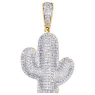 10K Yellow Gold Round Diamond Cactus Plant Statement Pendant 1.50" Charm 1 CT.