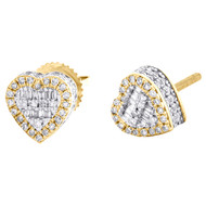 10K Yellow Gold Round & Baguette Diamond 3D Heart Stud 7.50mm Earrings 3/8 CT.