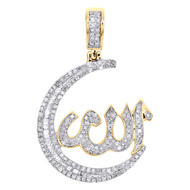 10K Yellow Gold Baguette Diamond Crescent Moon Allah Pendant 1.40" Charm 3/4 CT.