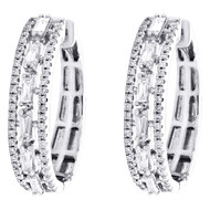 10K White Gold Round & Baguette Cut Diamond Hoop 0.95" Prong Set Earrings 1 CT.