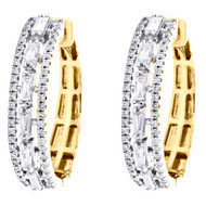 10K Yellow Gold Round & Baguette Cut Diamond Hoop 0.95" Prong Set Earrings 1 CT.