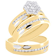 10K Yellow Gold Diamond Trio Set Flower Halo Bridal Set + Wedding Band 3/4 Ct.