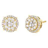 10K Yellow Gold Round Diamond Halo Stud 10mm Prong Set Cluster Earrings 7/8 CT.