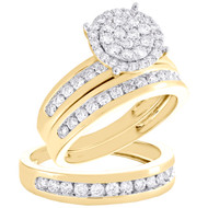 10K Yellow Gold Diamond Trio Set Circle Halo Bridal Set + Wedding Band 1.50 Ct.