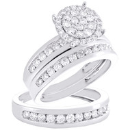 10K White Gold Diamond Trio Set Circle Halo Bridal Set + Wedding Band 1.50 Ct.