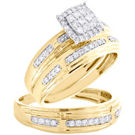 10K Yellow Gold Diamond Trio Set Halo Bridal Set + Step Edge Wedding Band 1/2 Ct