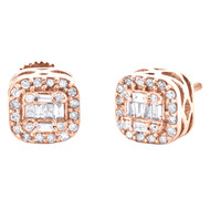 10K Rose Gold Round & Baguette Diamond Square Stud 8mm Cluster Earrings 0.34 CT.