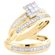 10K Yellow Gold Diamond Trio Set Square Halo Bridal Set + Wedding Band 1/2 Ct.