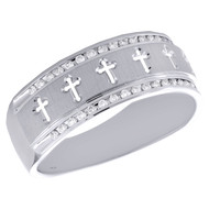14K White Gold Round Diamond Fancy Religious Cross Wedding Band 8mm Ring 1/4 CT.