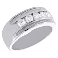 14K White Gold Round Diamond 5 Stone Milgrain Texture Wedding Band 9mm Ring 1 CT