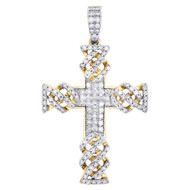 10K Yellow Gold Round Diamond Fancy Cuban Link Cross Pendant 2" Charm 1.38 CT.