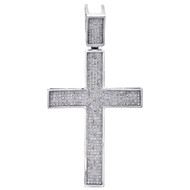 10K White Gold Round Diamond Pave Set Concave Cross Pendant 2.80" Charm 1 CT.