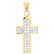 14K Yellow Gold Princess Cut Invisible Diamond Cross Pendant 1.30" Charm 1 CT.
