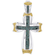 10K White Gold Blue & Yellow Diamond Fancy Cross Pendant 1.95" Pave Charm 1 CT.