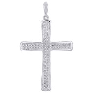 10K White Gold Round Diamond 2 Row Cross Pendant 1.45" Mens Pave Charm 0.16 CT.