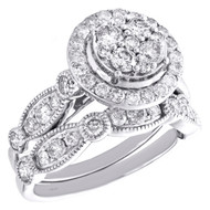 14k White Gold Diamond Halo Tiered Engagement + Wedding Ring Bridal Set 1.50 CT.