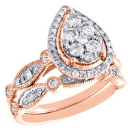 14k Rose Gold Diamond Halo Teardrop Engagement + Wedding Ring Bridal Set 1 CT.