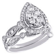 14k White Gold Diamond Halo Teardrop Engagement + Wedding Ring Bridal Set 1 CT.