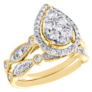 14k Yellow Gold Diamond Halo Teardrop Engagement + Wedding Ring Bridal Set 1 CT.