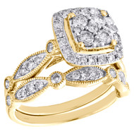 14k Yellow Gold Diamond Halo Square Engagement + Wedding Ring Bridal Set 1 CT.