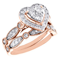 14k Rose Gold Diamond Halo Heart Engagement Ring + Wedding Band Bridal Set 1 CT.