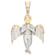 10K Yellow Gold Round Diamond Praying Angel Pendant 2" Statement Charm 0.90 CT.