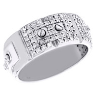 14K White Gold Round Diamond Screw Motif Weding Band 9.25mm Mens Ring 0.70 CT.