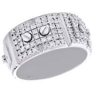 14K White Gold Round Cut Diamond Screw Motif Weding Band 10.50mm Mens Ring 1 CT.