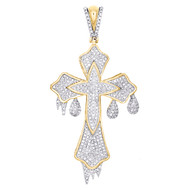 10K Yellow Gold Round Diamond Fancy Cross Pendant 2.10" Pave Drip Charm 3/4 CT.