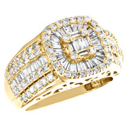 10K Yellow Gold Round & Baguette Diamond Statement Ring Mens 14mm Band 1.97 CT.