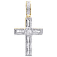 10K Yellow Gold Round & Baguette Diamond Tiered Cross Pendant 2.15" Charm 1 CT.