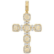 10K Yellow Gold Round & Baguette Diamond Cluster Cross Pendant 2.50" Charm 2 CT.