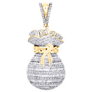 10K Yellow Gold Round & Baguette Diamond Money Bag Pendant 1.60" Charm 1.10 CT.