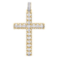 10K Yellow Gold Round & Baguette Diamond Cluster Cross Pendant 3" Charm 3 CT.