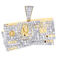 10K Yellow Gold Diamond $100 Hundred US Dollar Bill Pendant 1.10" Charm 1.50 CT.