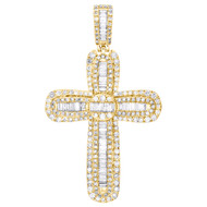 10K Yellow Gold Round & Baguette Diamond Tiered Cross Pendant 2.40"Charm 3.75 CT