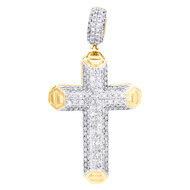 10K Yellow Gold Round Diamond 3D Tube Cross Pendant 2.25" Pave Charm 1.50 CT.