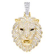 10K Yellow Gold Round & Baguette Diamond Lion Head Pendant Pave Charm 2.70 CT.