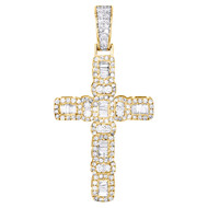 10K Yellow Gold Round & Baguette Diamond Cluster Cross Pendant 2" Charm 1.80 CT.