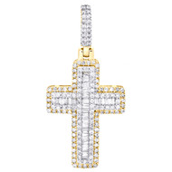 10K Yellow Gold Round & Baguette Diamond Tiered Cross Pendant 1.7" Charm 1.75 CT