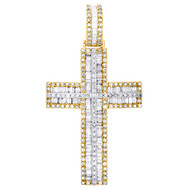 10K Yellow Gold Round & Baguette Diamond Domed Cross Pendant 1.95" Charm 1.85 CT