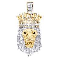 10K Yellow Gold Round & Baguette Diamond Lion Crown Head Pendant Charm 2.05 CT.